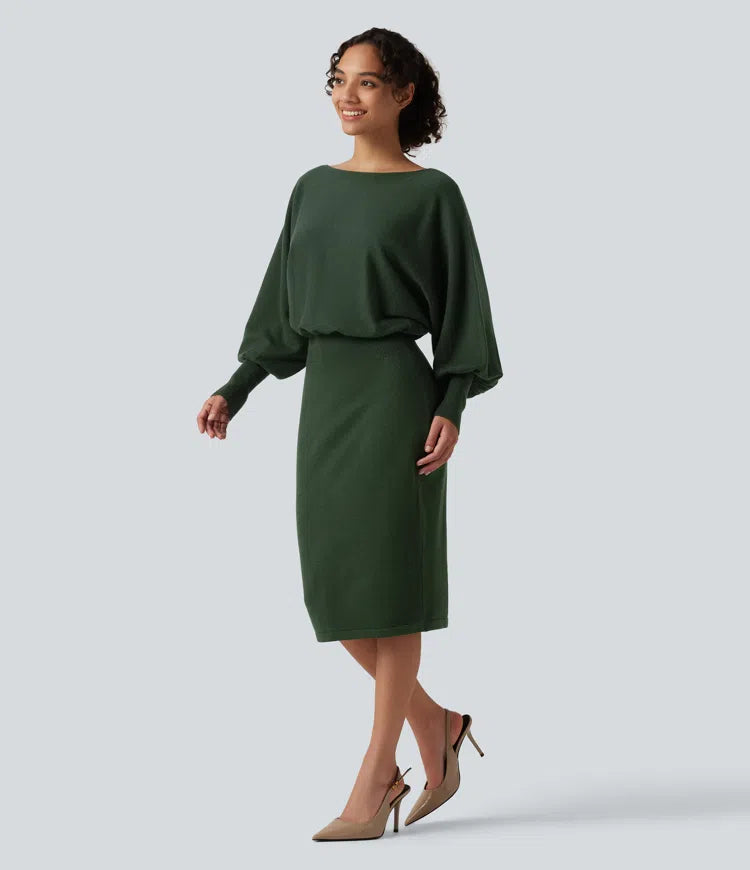 Boat Neck Puff Long Sleeve Work Jumper Dress