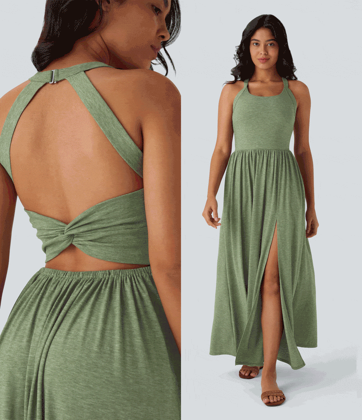 Twisted Backless Split Flowy Maxi Resort Dress with Pockets