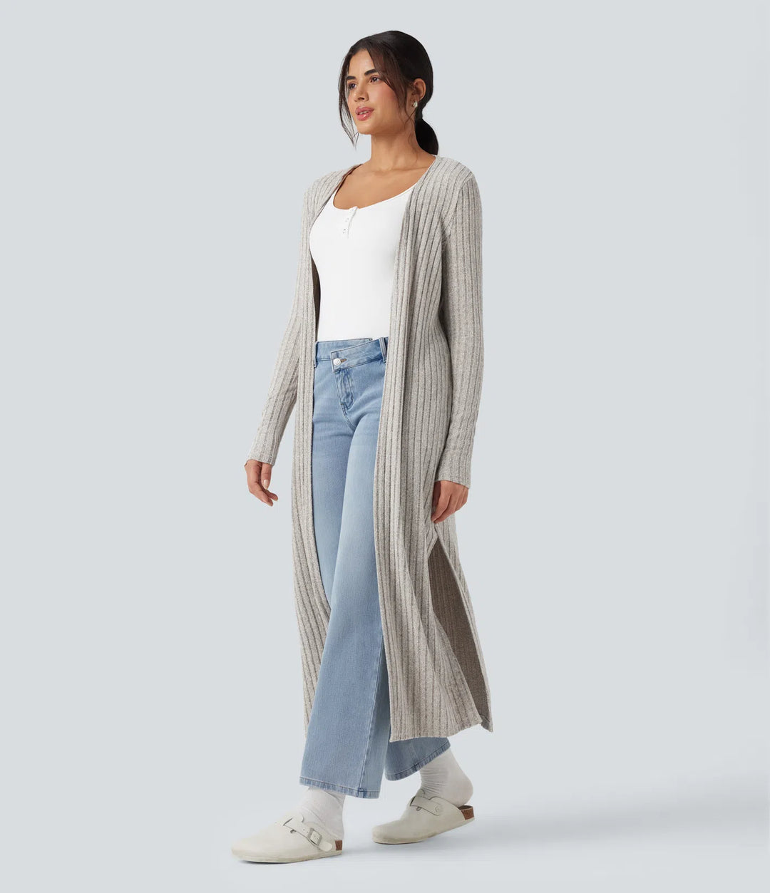 Ribbed Knit Long Sleeve Split Casual Longline Cardigan