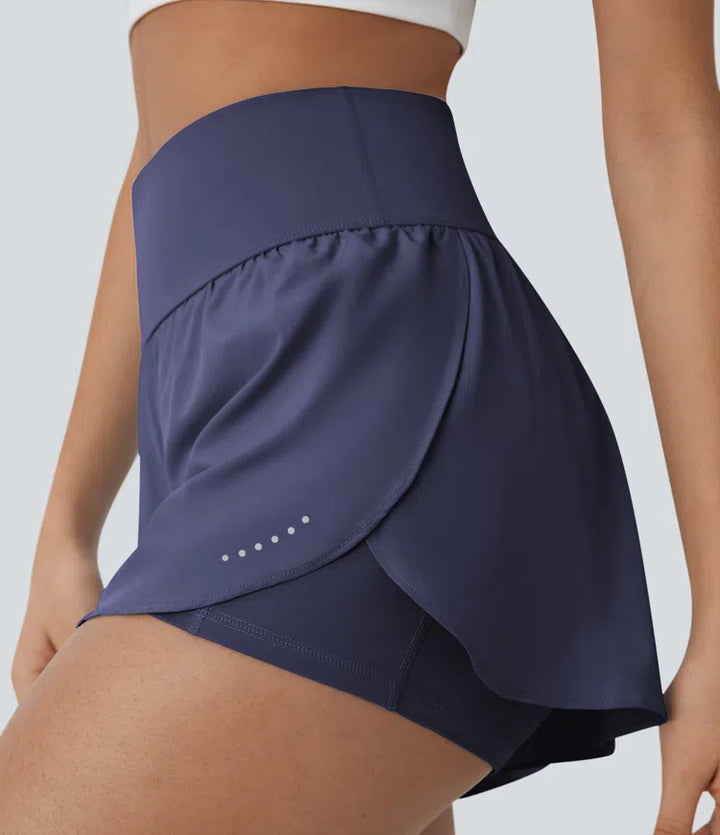 SoftlyZero QuickDry High Waisted Tummy Control Reflective Dots Crossover Hem 2-in-1 Running Shorts 3&