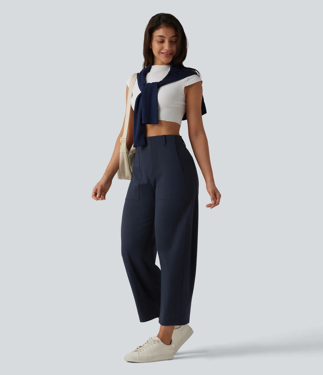DayStretch High Waisted Barrel Leg Casual Trousers with Pockets