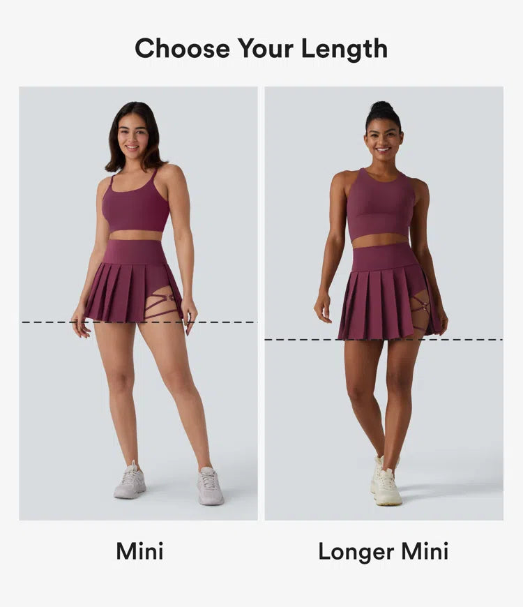 Breezeful High Waisted Pleated 2-in-1 Asymmetric Hem Quick Dry Mini Dance Skirt with Pockets-Longer Length