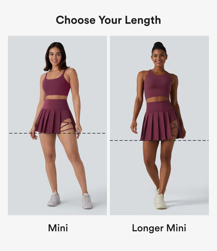 Breezeful High Waisted Pleated 2-in-1 Asymmetric Hem Quick Dry Mini Dance Skirt with Pockets-Longer Length