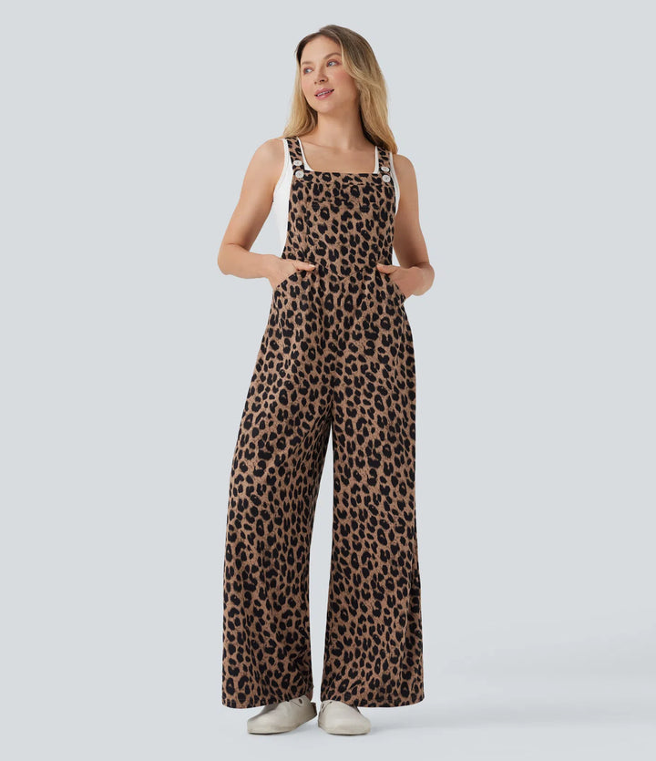 Leopard Print Waffle Casual Dungarees with Pockets