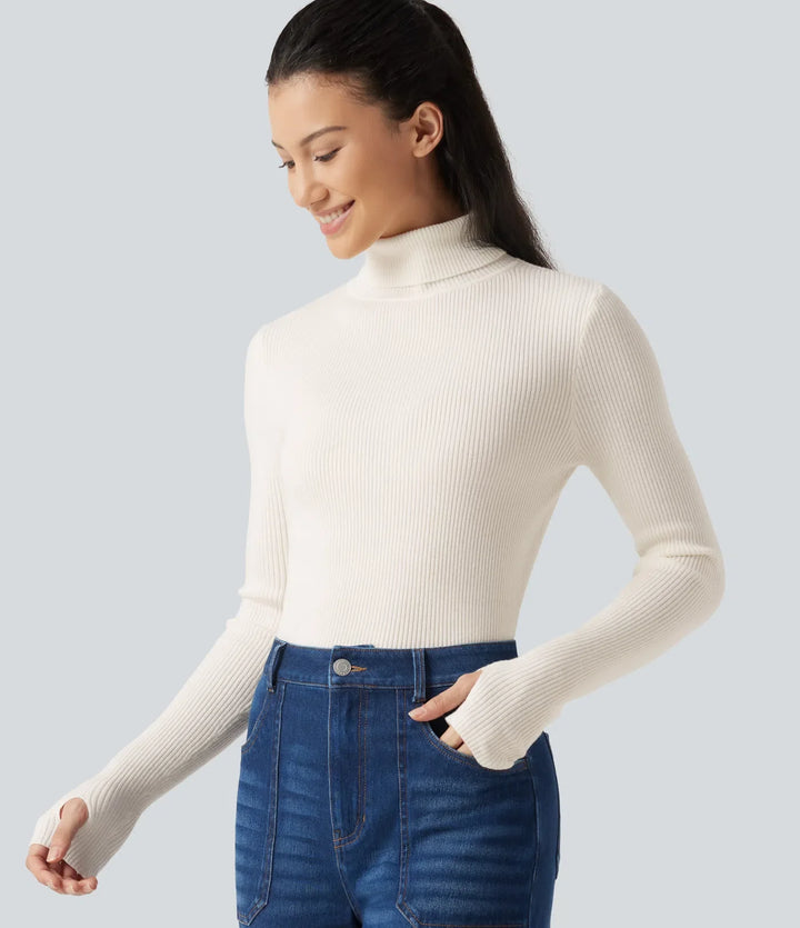 High Neck Long Sleeve Thumb Hole Work Wool-Blend Jumper