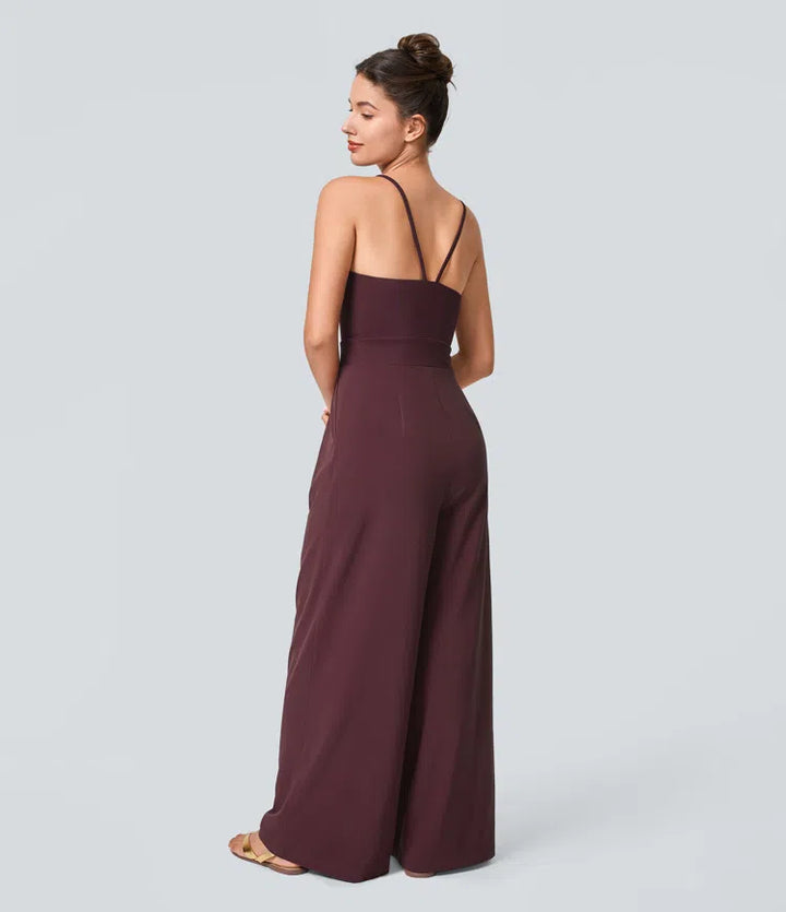 Breezeful Backless Side Invisible Zipper Pocket Wide Leg Quick Dry Resort Slip Jumpsuit