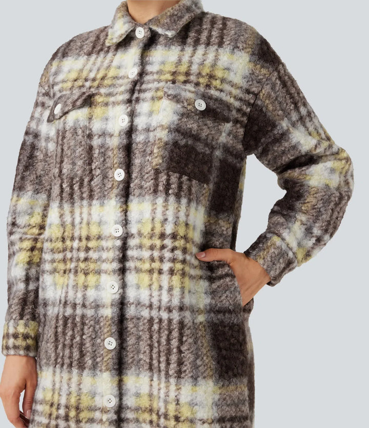 Long Sleeve Plaid Longline Casual Sherpa Jacket with Pockets