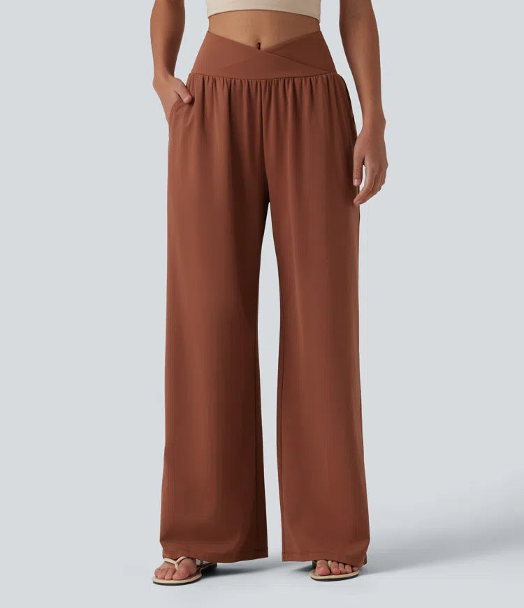 SoftlyZero Airy Crossover High Waisted InstantCool Casual Baggy Trousers with Pockets