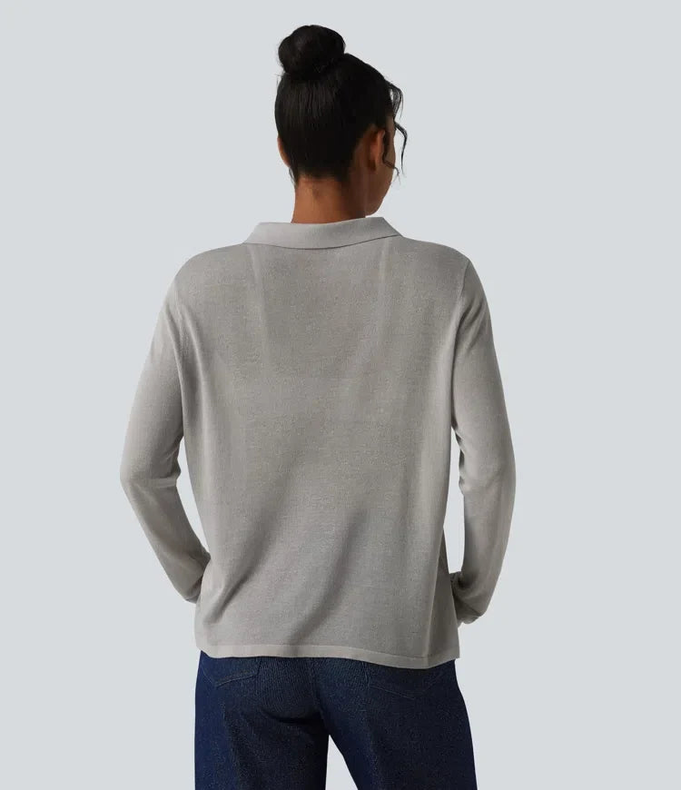 Polo Neck Long Sleeve Lyocell Linen Casual Jumper