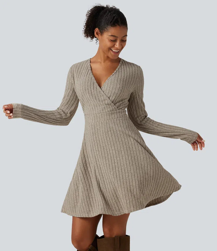Ribbed Knit V-Neck Crossover Long Sleeve Mini Casual Dress