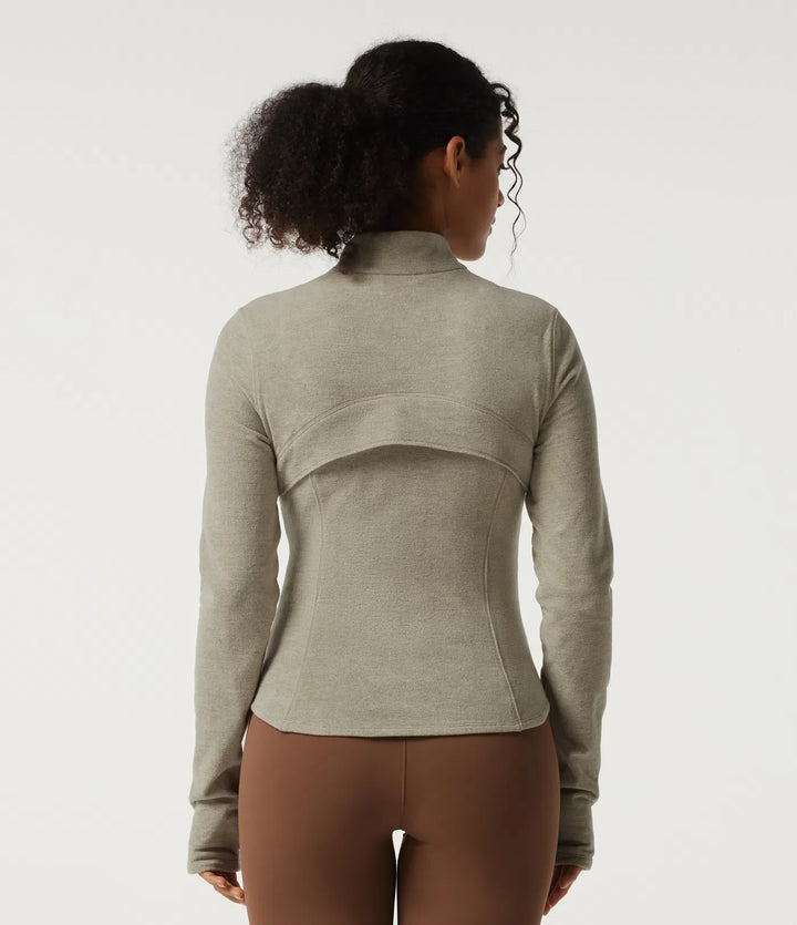 Stand Collar Long Sleeve Fleece Workout Jacket with Pockets and Thumb Holes