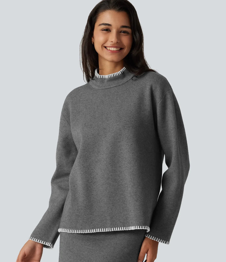 Stand Collar Long Sleeve Crochet Work Jumper