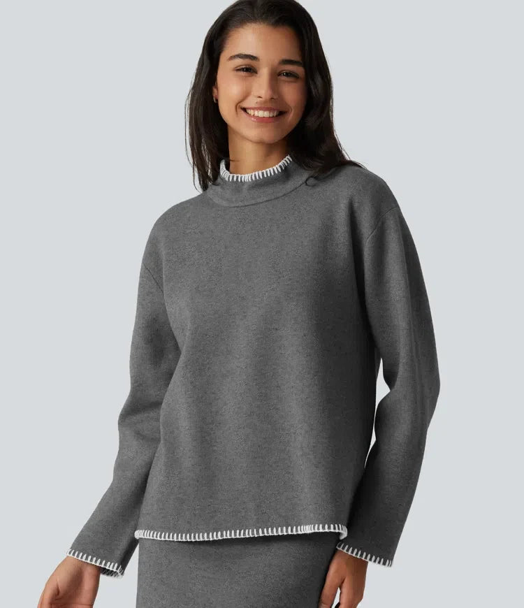 Stand Collar Long Sleeve Crochet Work Jumper