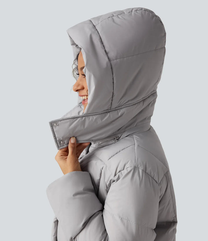 Hooded Long Sleeve Longline Casual Down Jacket with Pockets