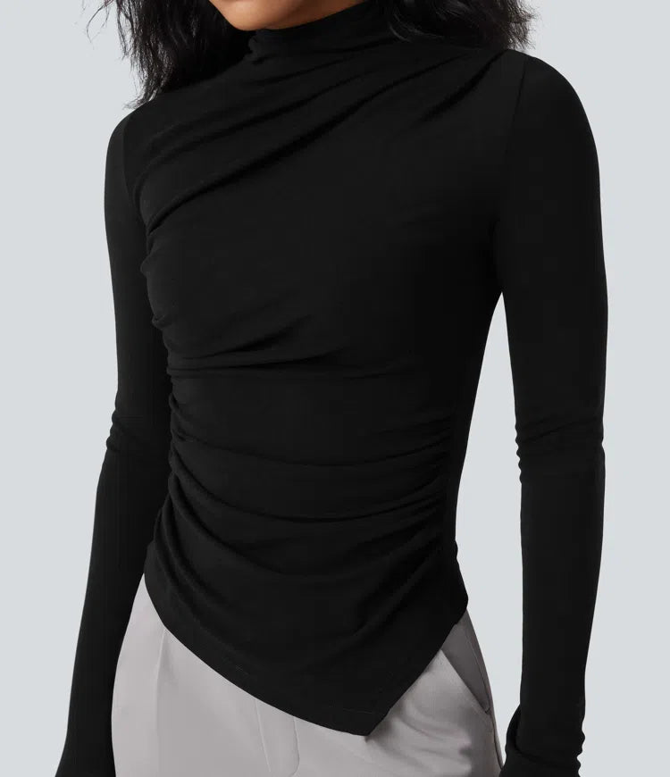 Mock-neck Long Sleeve Ruched Asymmetric Hem Thermal Casual Top