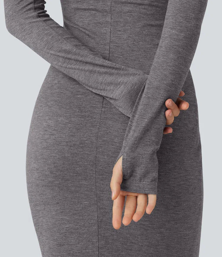 Hooded Long Sleeve Thumb Hole A-Line Maxi Casual Dress with Pocket