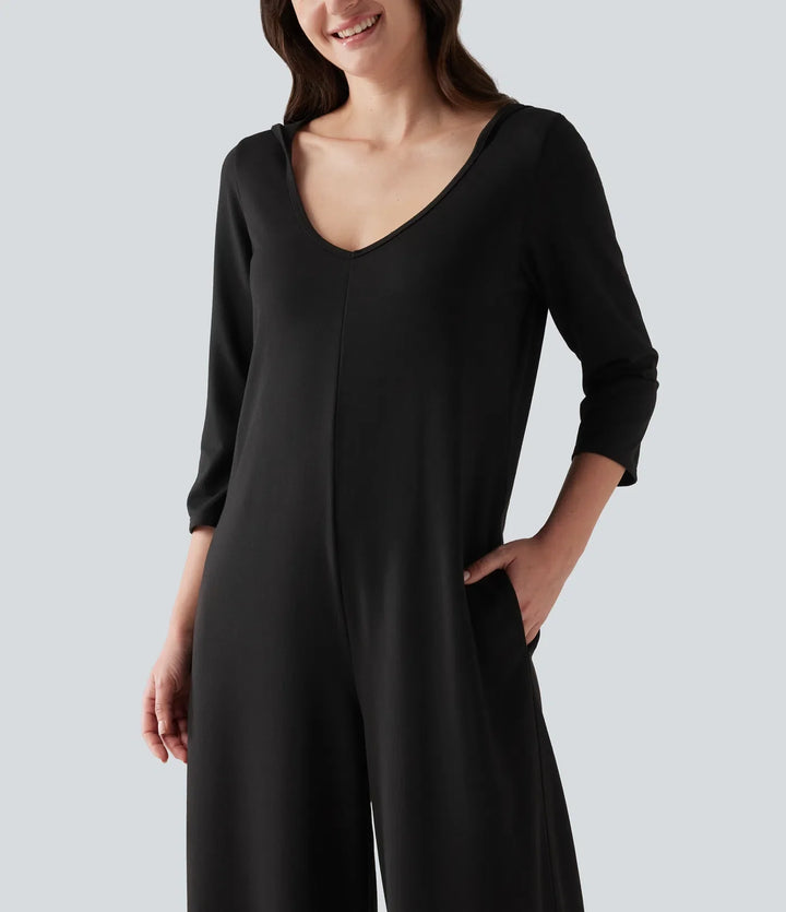 Hooded 3/4 Sleeve Baggy Relaxed Casual Jumpsuit with Pockets