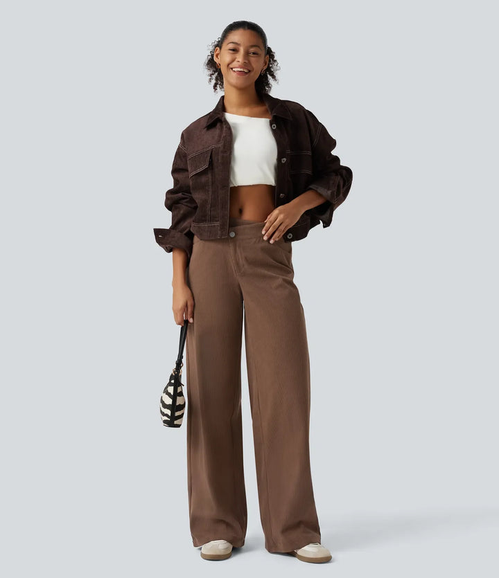 Mid Rise Asymmetric Wide Leg Corduroy Casual Trousers with Pockets