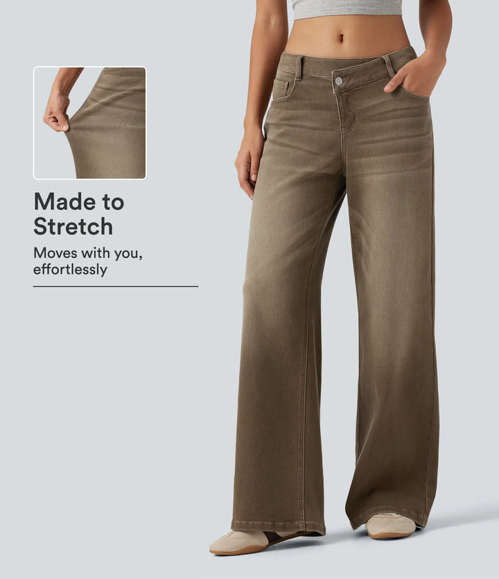 Low Rise Asymmetric Wide Leg colourful Casual Jeans with Pockets