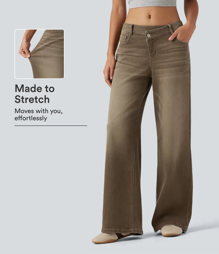 Low Rise Asymmetric Wide Leg colourful Casual Jeans with Pockets