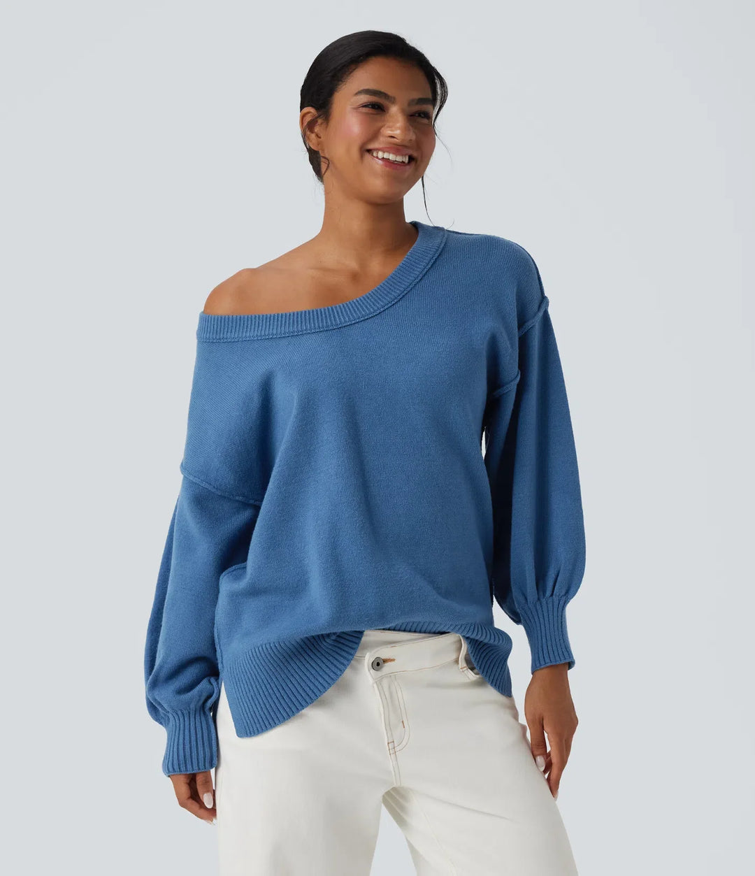 V Neck Dropped Shoulder Long Sleeve Split Casual Jumper