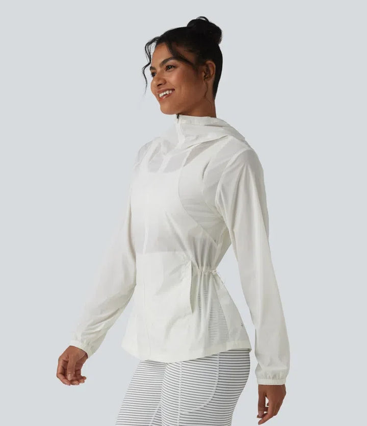 Hooded Drawstring Contrast Mesh Workout Jacket with Pockets