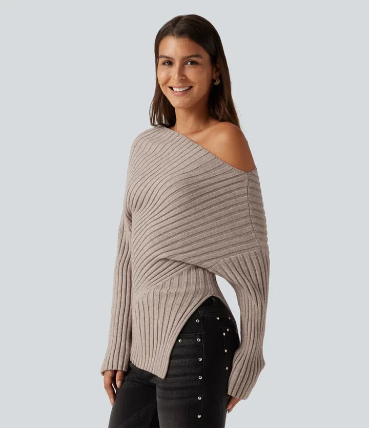 Ribbed Knit One Shoulder Long Sleeve Asymmetric Hem Casual Jumper