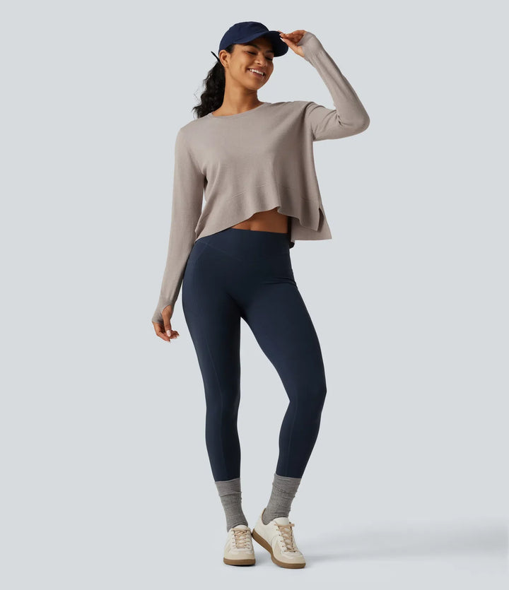 Round Neck Long Sleeve Asymmetric Thumb Holes Casual Jumper