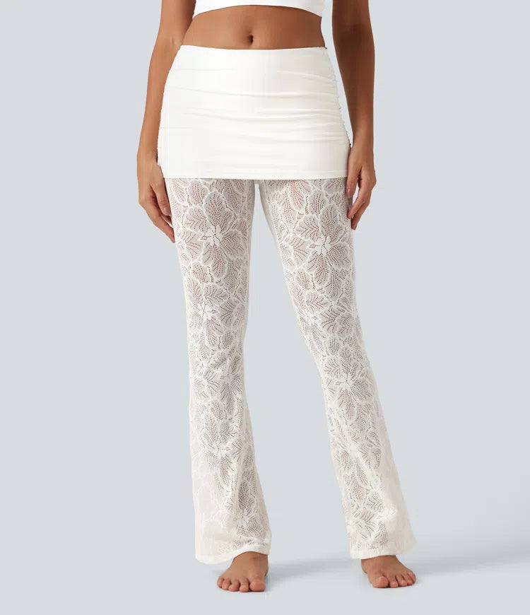 SoftlyZero High Stretch Lace Bootcut Casual Skirted Leggings with Pockets