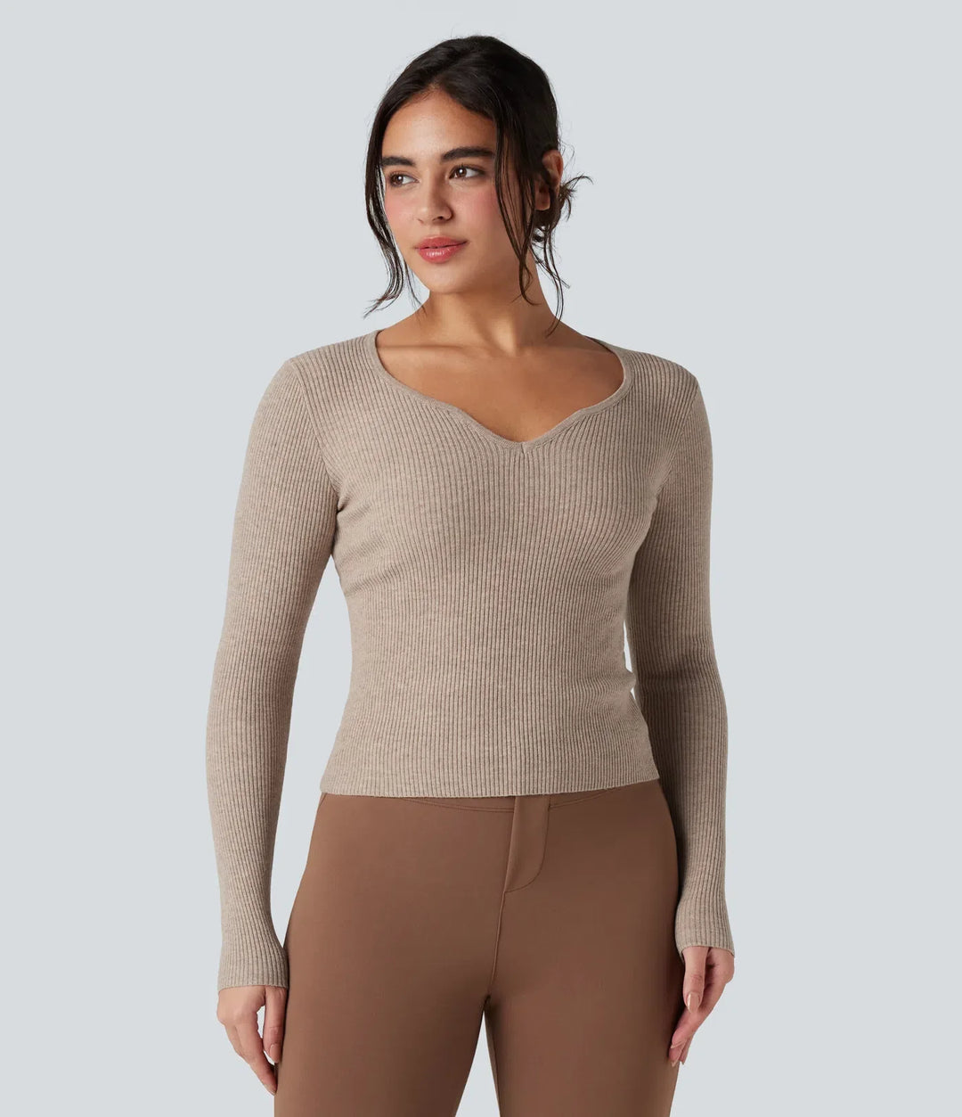 Ribbed Knit Sweetheart Neck Long Sleeve Work Jumper