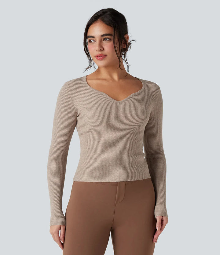 Ribbed Knit Sweetheart Neck Long Sleeve Work Jumper