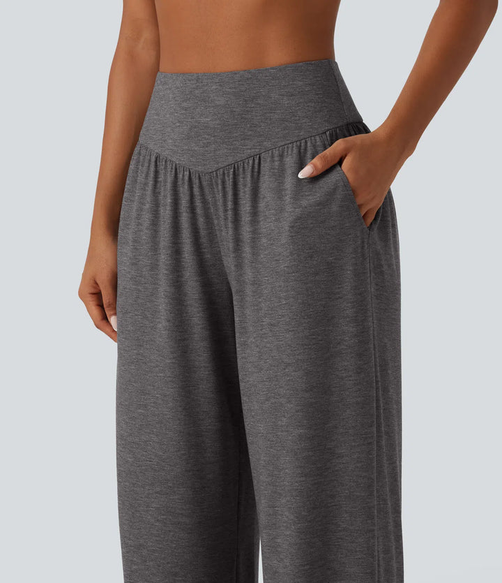 High Waisted Ruched Baggy Yoga Trousers with Pockets
