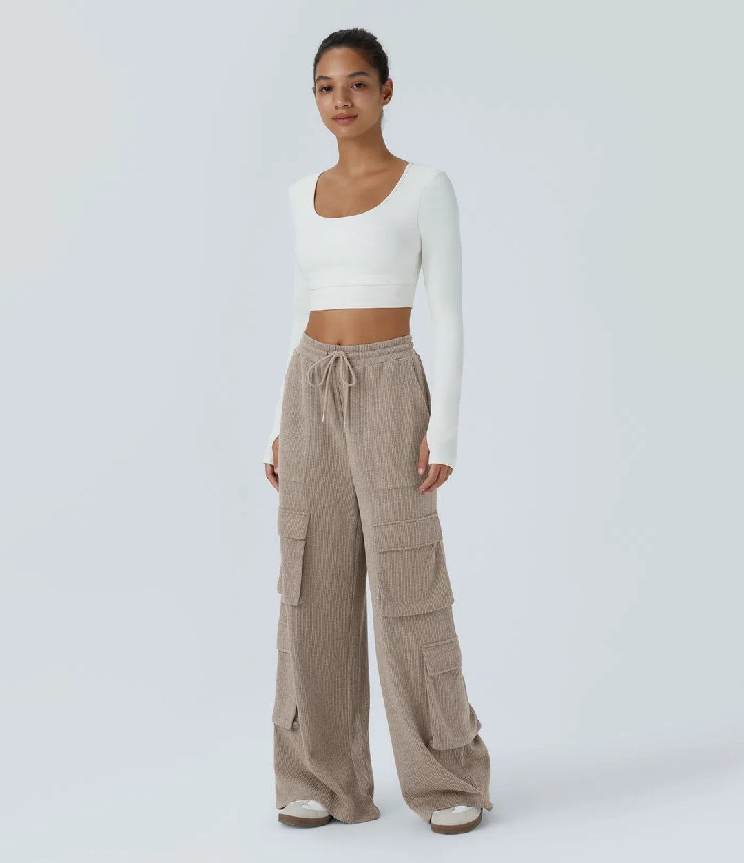Ribbed Mid Rise Drawstring Pockets Wide Leg Cargo Casual Trousers