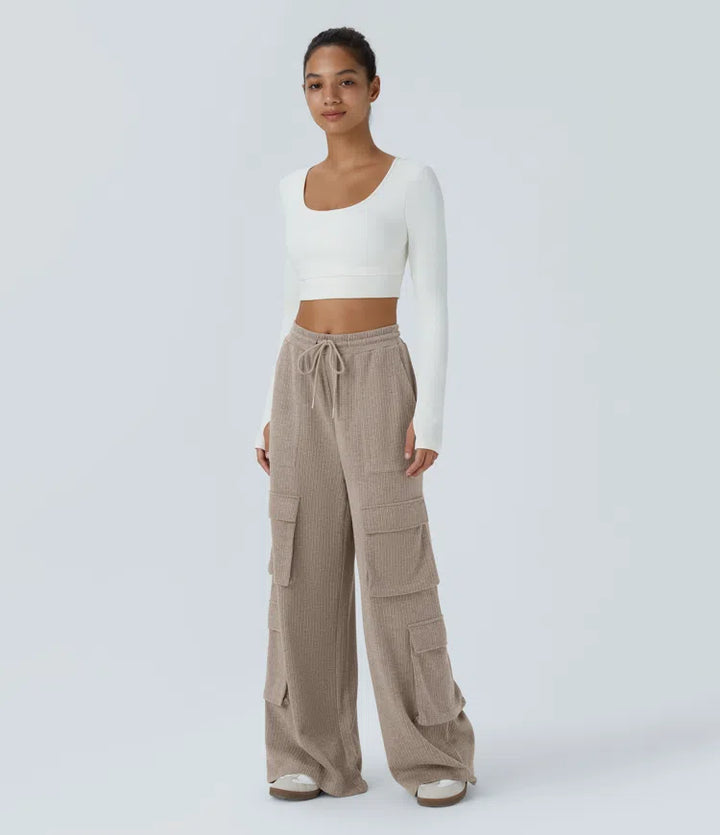 Ribbed Mid Rise Drawstring Pockets Wide Leg Cargo Casual Trousers