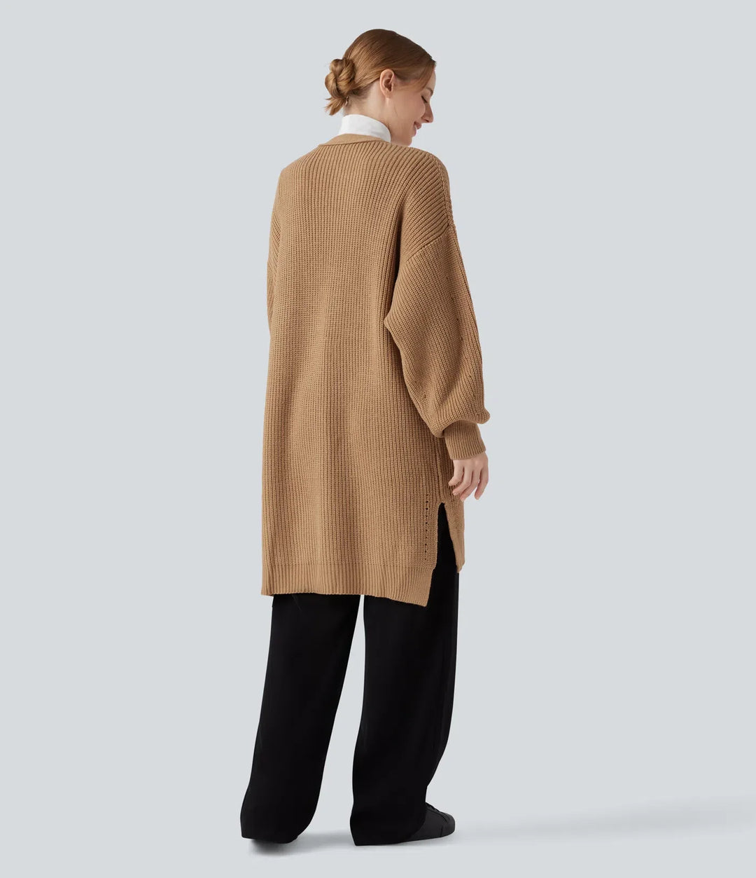 Bishop Long Sleeve Split Hem Hollow Out Casual Longline Cardigan