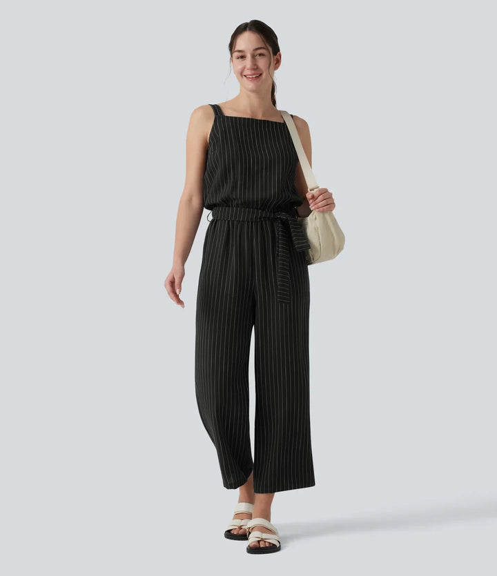 Square Neck Adjustable Straps Sleeveless Belted Stripes Casual Linen-Feel Jumpsuit with Pockets-Easy Peezy