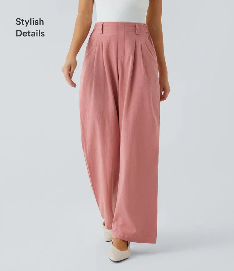 High Waisted Pocket Wide Leg Flowy Solid Palazzo Casual Linen-Feel Trousers