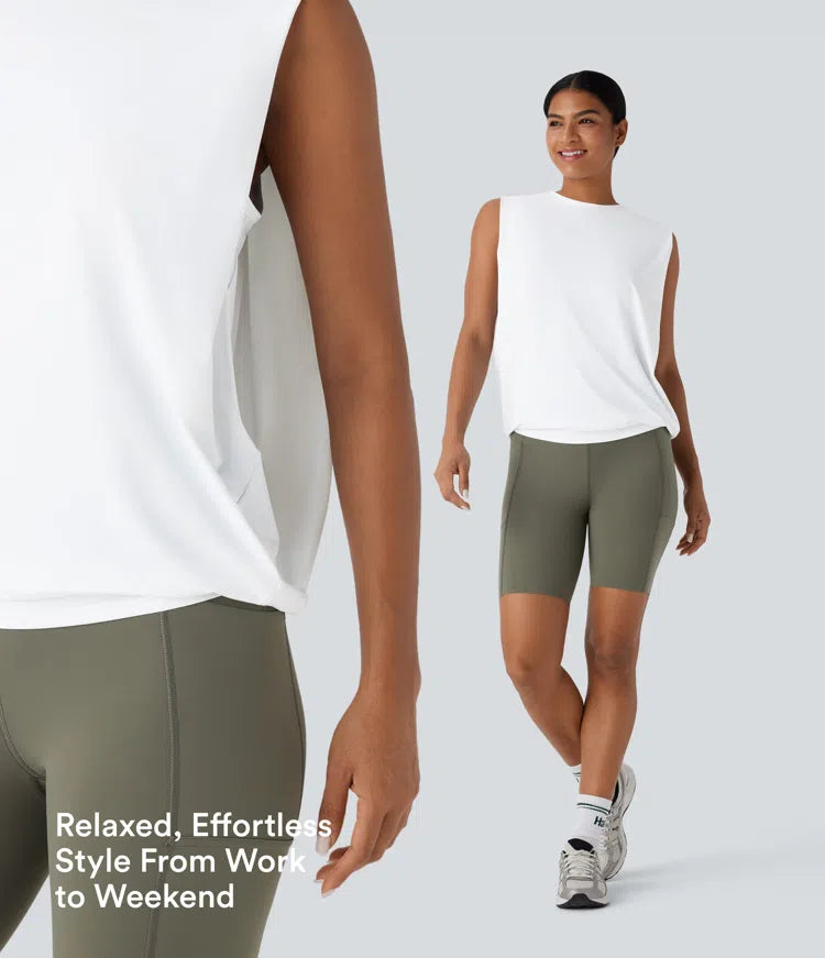 Round Neck Ruched InstantCool Yoga Tank Top-UPF50+