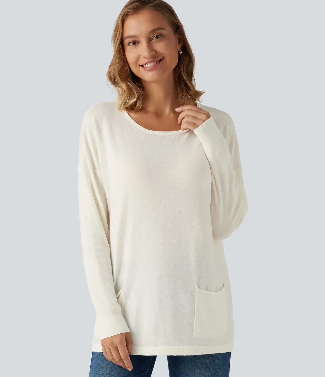 Round Neck Long Sleeve Casual Jumper with Pockets