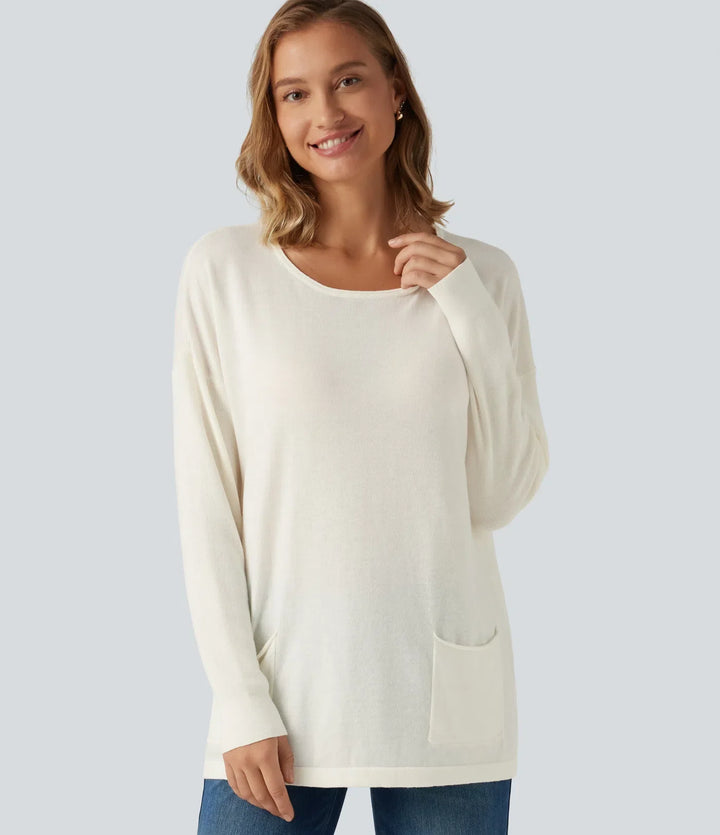 Round Neck Long Sleeve Casual Jumper with Pockets