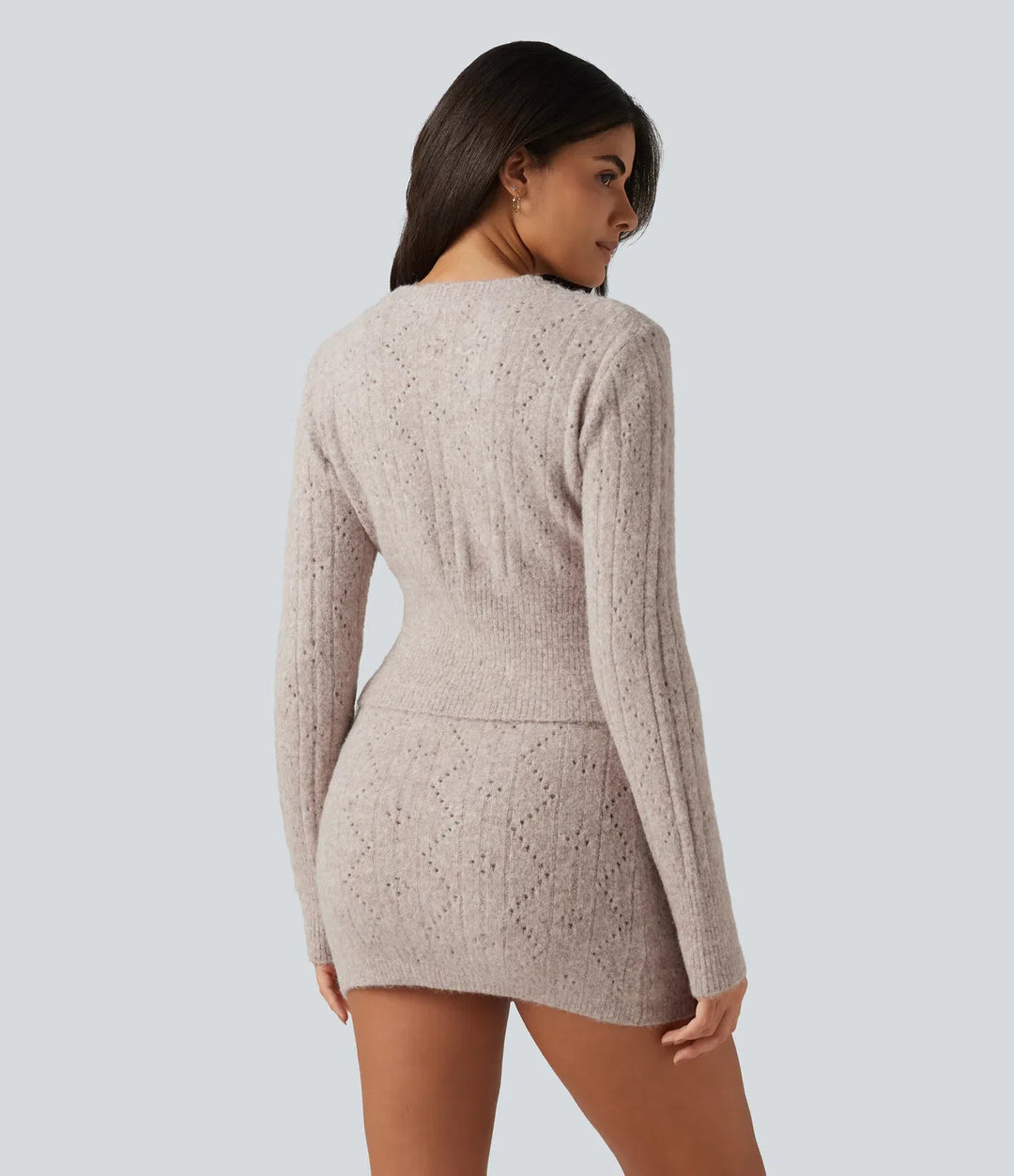 V Neck Long Sleeve Scallop Hem Open Knit Casual Jumper