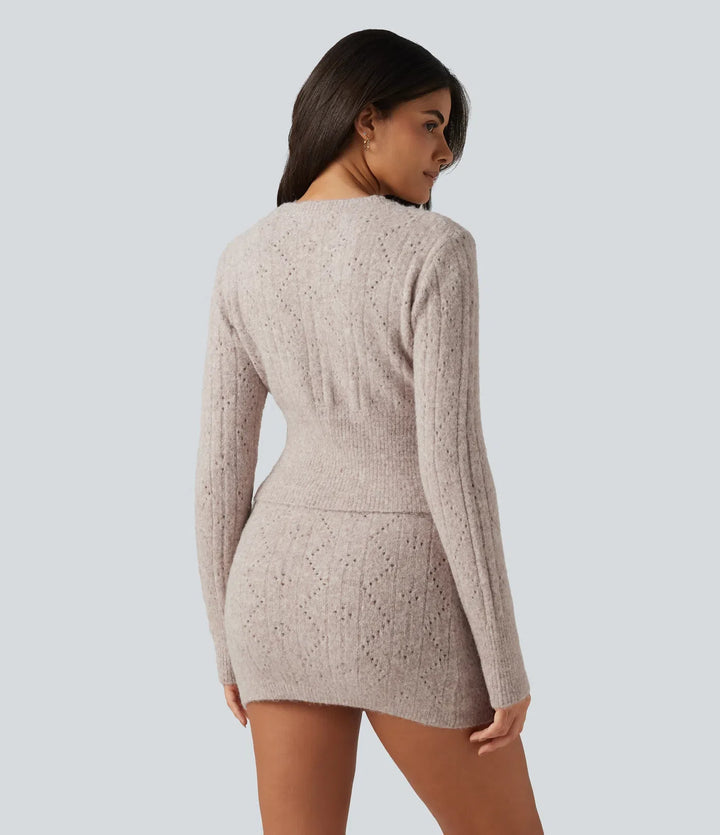 V Neck Long Sleeve Scallop Hem Open Knit Casual Jumper
