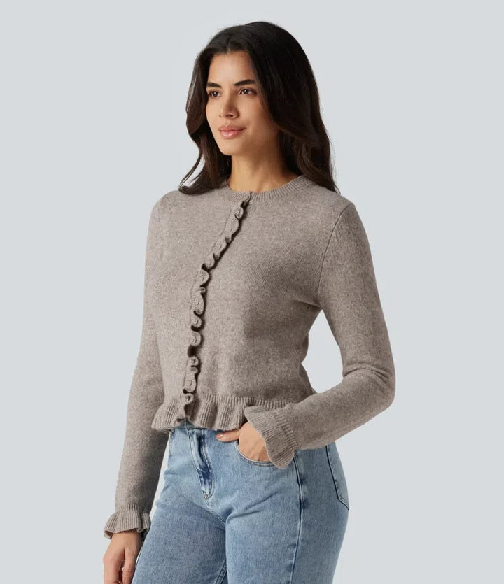 Round Neck Ruffle Long Sleeve Work Wool-Blend Cardigan
