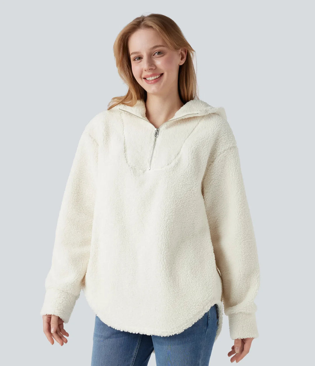 Hooded Half Zipper Curved Hem Oversized Casual Sherpa Sweatshirt with Pockets