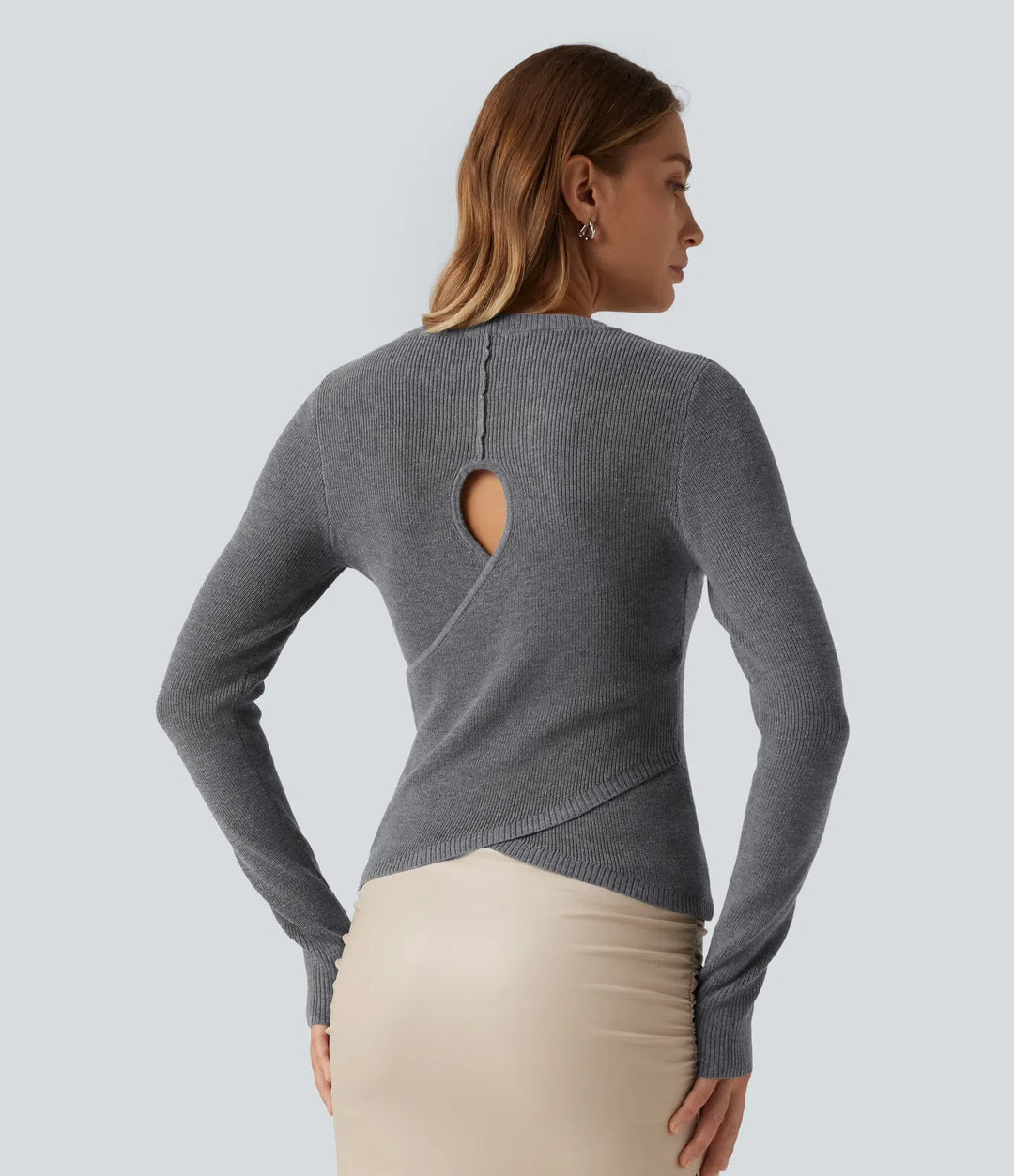 Round Neck Long Sleeve Cut Out Crossover Casual Jumper