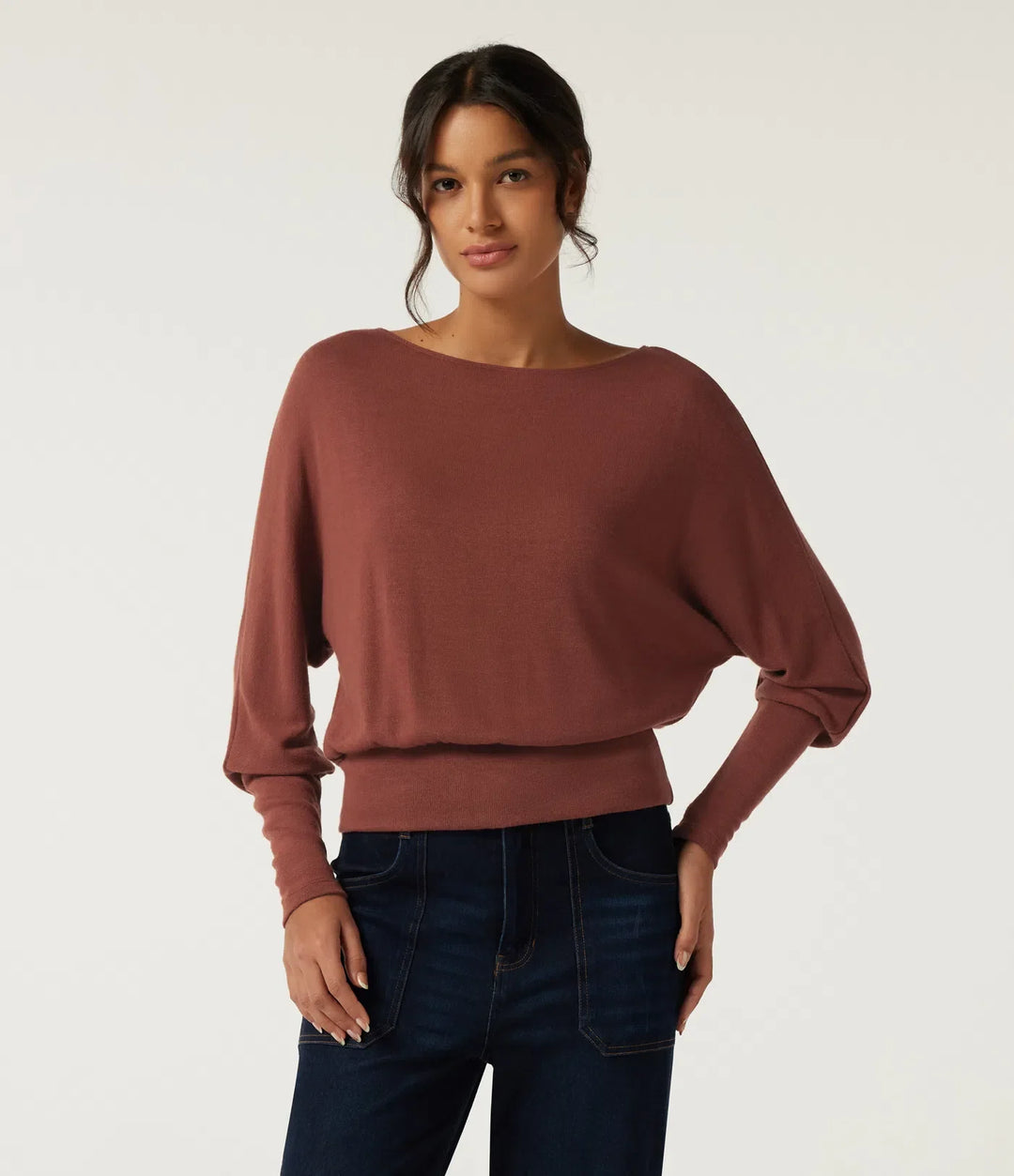 Boat Neck Batwing Long Sleeve Keyhole Back Casual Top