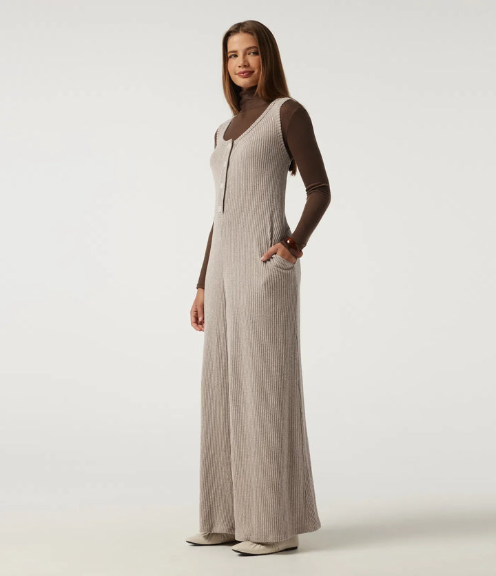 Ribbed Knit U Neck Wide Leg Casual Jumpsuit with Pockets