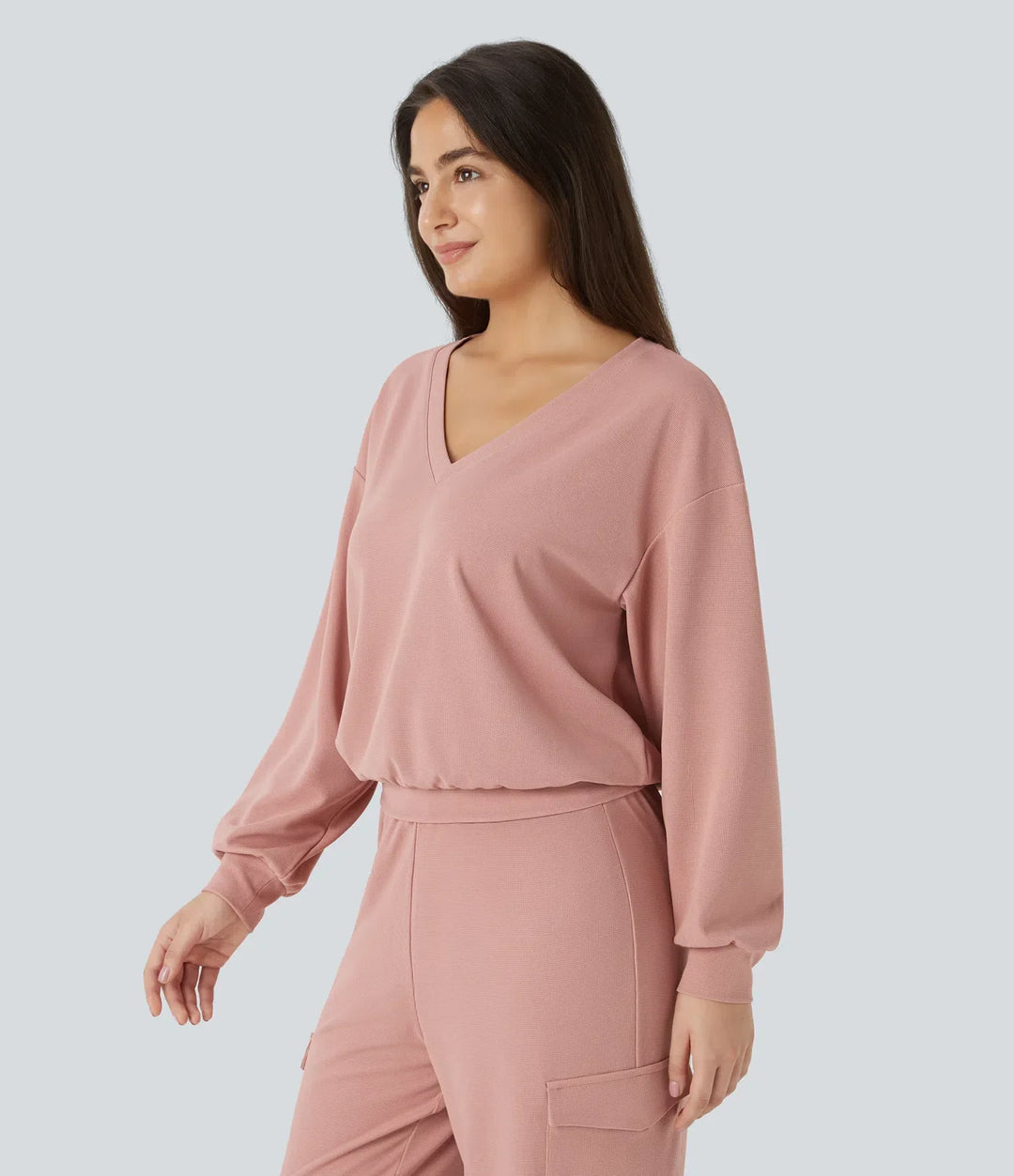 V Neck Dropped Shoulder Long Sleeve Waffle Casual Sweatshirt