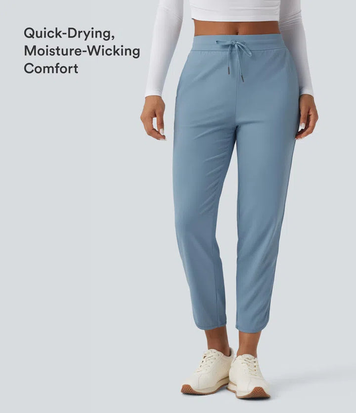 Mid Rise Drawstring Curved Hem Quick Dry Golf Tapered Trousers with Pockets-UPF40+