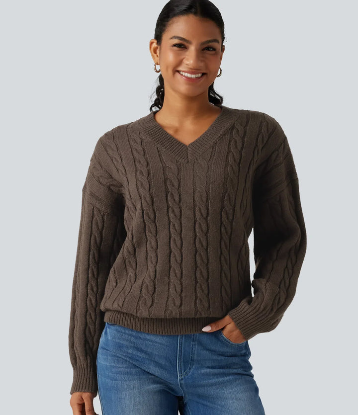 V Neck Dropped Long Sleeve Cable Knit Casual Wool-Blend Jumper